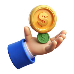 3d hand holding coins isolated on transparent background