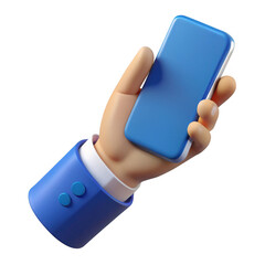 3d hand holding a blue smartphone isolated on transparent background