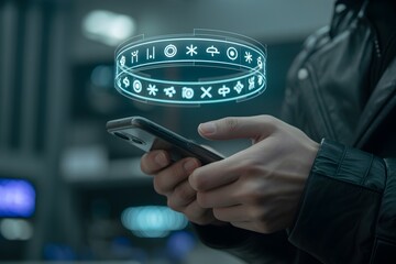 Person using a smartphone with a holographic weather forecast interface displaying climate symbols for modern technology and digital lifestyle concepts
