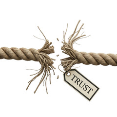 Rope with Trust Tag Snapping Under Pressure Representing Broken Relationship or Failed Teamwork Isolated on White Background