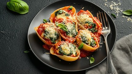 On a plate with a fork, tiny pasta shells filled with spinach and ricotta are topped with cheese and a delicious tomato sauce against a sleek, Generative AI.