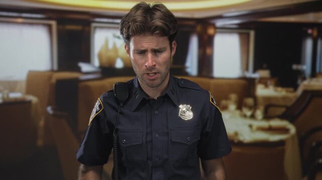 Policeman man in uniform with hand on temple and radio microphone, badge visible inside a restaurant building, eyes closed in pain; stress duty.
