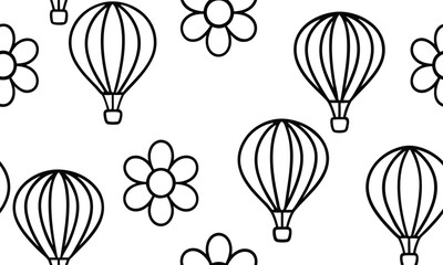 Whimsical monochrome seamless pattern showcasing delicate hot air balloons floating among charming flowers, perfect for versatile design applications and playful decorations