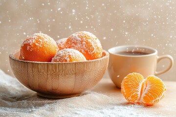 Snowfall and a cup of coffee with peeling mandarins in a wooden bowl against a light beige backdrop, Generative AI.