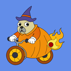 Vector art illustration of a bulldog riding a bike wearing a witch hat and robe