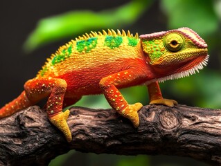 Obraz premium Colorful Chameleon on Branch with Green Background in a Nature Setting