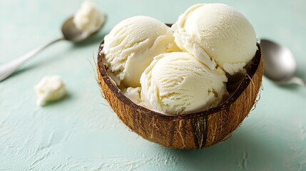 Vanilla ice cream slices with a spoon on an olive green background inside a coconut shell, Generative AI.
