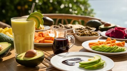 Tropical avocado smoothie and fresh fruit feast, a vibrant and healthy meal option for a bright, sunny day by the ocean