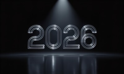 Dramatic Spotlight Illuminating Shiny Metallic 2026 Numbers on Dark Reflective Surface