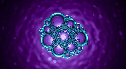 Abstract cluster of iridescent bubbles on a vibrant purple background.