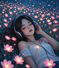 Portrait of a Young Woman with Headphones Relaxing in a Field of Glowing Flowers at Night