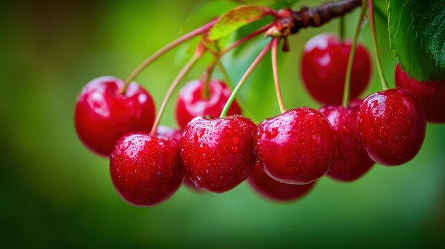 Fresh red cherries on branch with green leaves in soft focus setting
