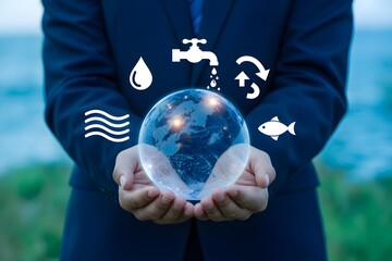 Businessman holding a globe with water conservation icons representing environmental protection and sustainable resources isolated on nature background