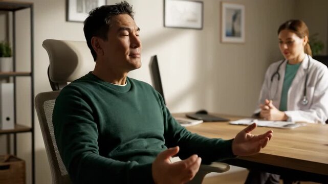 Patient expresses feelings while discussing personal issues with healthcare provider in bright, professional office. Comfortable setting encourages open conversation