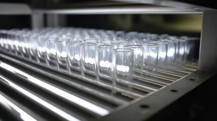 Row of glassware displayed under bright lighting in industrial setting