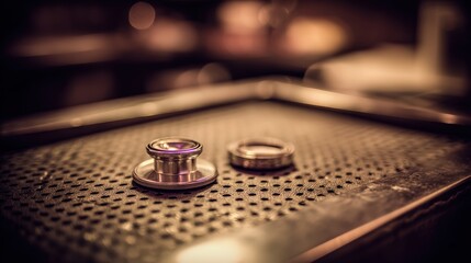 Obraz premium Close up view of metal machine components on textured work surface