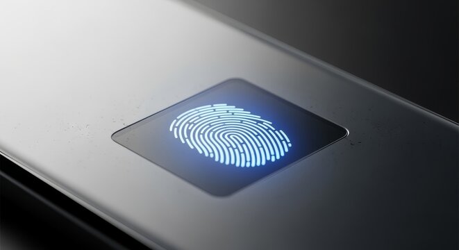 Modern technology unlocking secure access with glowing fingerprint scan, illustrating identity verification, and biometric security in sleek design
