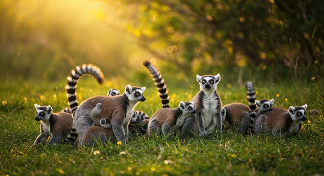 Group of Lemurs Near Forest Clearing in Warm Sunlight