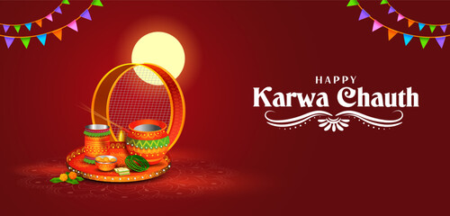 Fototapeta na wymiar decorated pooja thali for greetings on Indian Hindu festival Happy Karwa Chauth