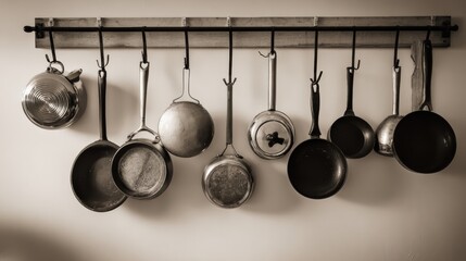 Hanging cookware display in a rustic kitchen setting with variety of pots and pans
