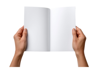 Hands holding open white paper booklet isolated on a transparent background