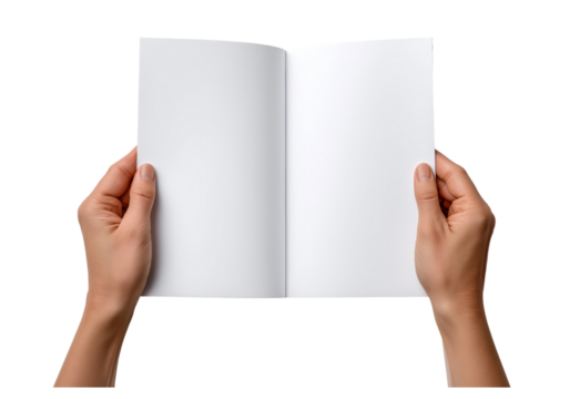 Hands holding open white paper booklet isolated on a transparent background