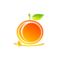 Vibrant orange fruit illustration featuring a circular, layered rind motif, a green leaf, and a small drop of juice. Modern, fresh branding symbol suitable for food, juice, or health campaigns.