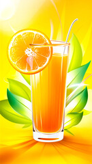 Vibrant illustration of orange juice in a tall glass, garnished with an orange slice. Lush green leaves and a sunny yellow backdrop convey freshness, energy, and summertime refreshment.