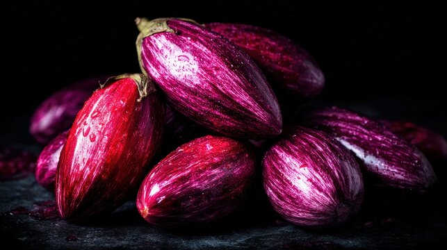 Vibrant purple eggplants piled together with water droplets on dark background