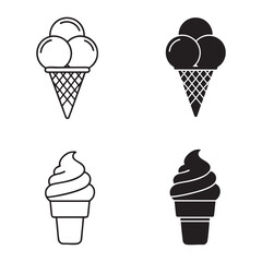 Ice Cream Icon Set – 4 Styles: Line Art & Silhouette of Cone & Cup Variants – Black and White Vector Illustration for Menu, Merch & Design