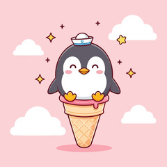 “Cute Sailor Penguin on Pink Ice Cream Cone – Kawaii Cartoon Sticker Illustration”
