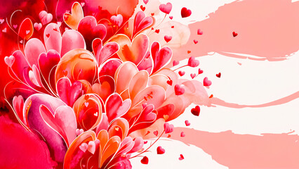 A vivid collage of pink and red heart shapes arranged like a blooming bouquet with sweeping brush strokes. Perfect for Valentine campaigns, romance, family, and festive marketing materials.