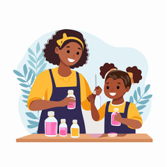 Mother and daughter making medicine at home