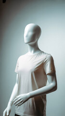 A featureless white mannequin wearing a simple white tee, set in a clean studio with soft, cool lighting. Ideal for fashion, retail, product display, or advertising campaigns.