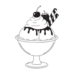“Black and White Ice Cream Sundae with Cherry, Chocolate Syrup, and Striped Candy – Line Art Dessert Illustration”