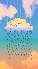 A whimsical cartoon rain cloud drips uniform raindrops against a dreamy pastel sky gradient, blending graphic line art with a playful mood perfect for weather, concept, or creative projects.