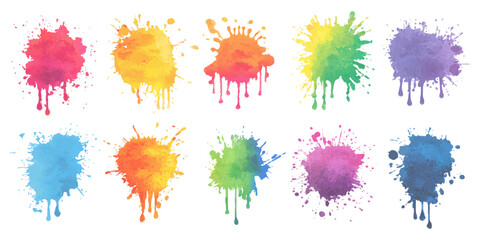 Colorful watercolor paint brush set on a white background. Isolated white background set with modern watercolor stains.