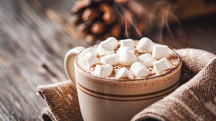 A warm mug of cocoa topped with fluffy marshmallows sits on a textured wooden table, wrapped in a burlap cloth. A pinecone and soft lighting create a cozy, festive winter mood.