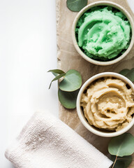 A calming spa scene featuring green and beige body scrubs in ceramic bowls, fresh eucalyptus, and a soft towel. Perfect for wellness, beauty, self-care, and natural skincare campaigns.