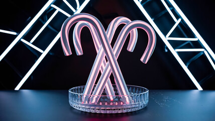 Vivid neon pink candy canes rest in a glass dish, set against a bold geometric neon backdrop. This modern holiday image conveys celebration, style, and bright seasonal charm.