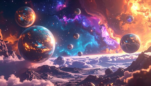 Cosmic, floating spheres above a surreal landscape