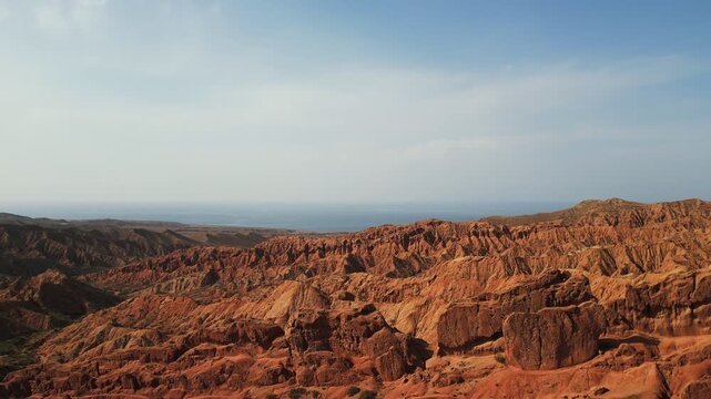 aerial view of Fairytale canyon Skazka in Kyrgyzstan