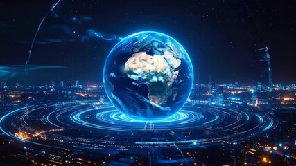 Futuristic city with globe hologram and digital connectivity for modern technology concept - Powered by Adobe