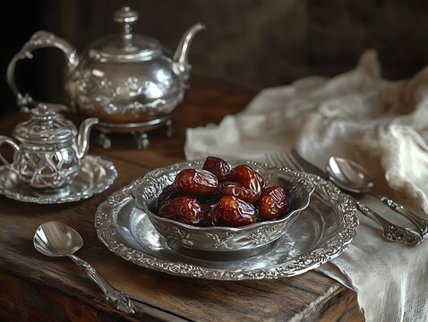 Silver teapot and dates served ona decorative silver tray