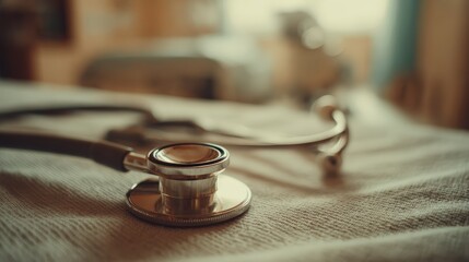 Close up of a stethoscope on a medical bed in a healthcare setting revealing professional tools