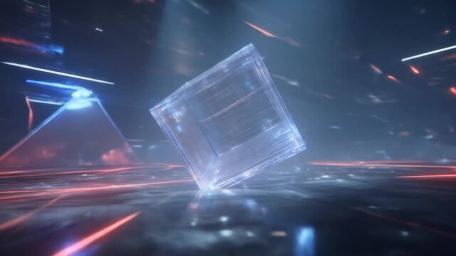 Abstract glowing wireframe cube in futuristic digital dark space with neon lights. High-tech concept, data processing, cyber technology background.