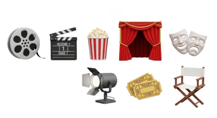 Collection of cinematic icons representing film production and entertainment theater arts