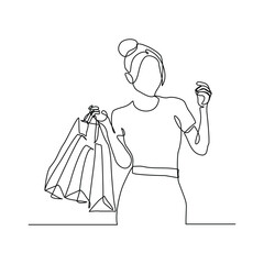 Continuous line of shopper woman holding paper bags. Vector illustration editable stroke sketch drawing art
