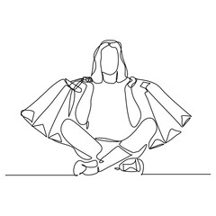 Continuous line of shopper woman holding paper bags. Vector illustration editable stroke sketch drawing art