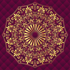 Luxury Golden Floral Mandala Vector Design on a Dark Quilted Background. Elegant and intricate ornamental pattern with rich gold gradient, perfect for wedding invitations, premium packaging.